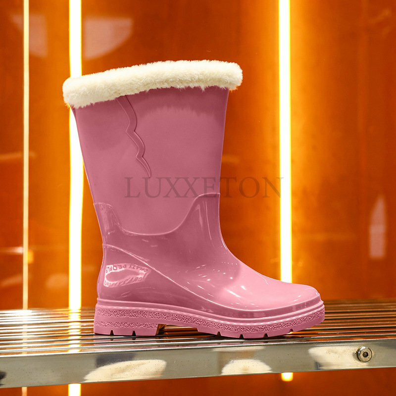 Непромокаемые ботинки, водонепроницаемая верхняя одежда, водонепроницаемая обувь, Нескользящие модные дождевые ботинки, женская бархатная теплая кухонная резиновая обувь