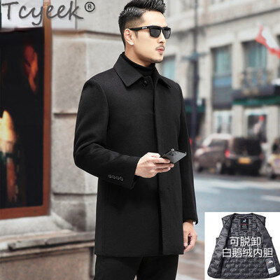 Зимняя 100% кашемировая куртка Tcyeek, модное свободное шерстяное пальто средней длины с белым гусиным пухом, мужская одежда