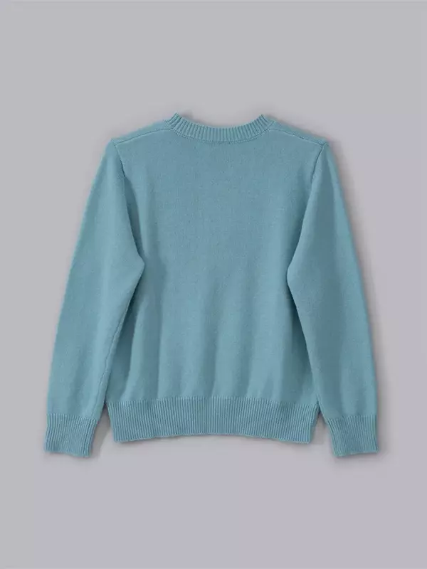 Pulôver de malha feminino com gola em O, suéter casual, 100% lã, outono, inverno