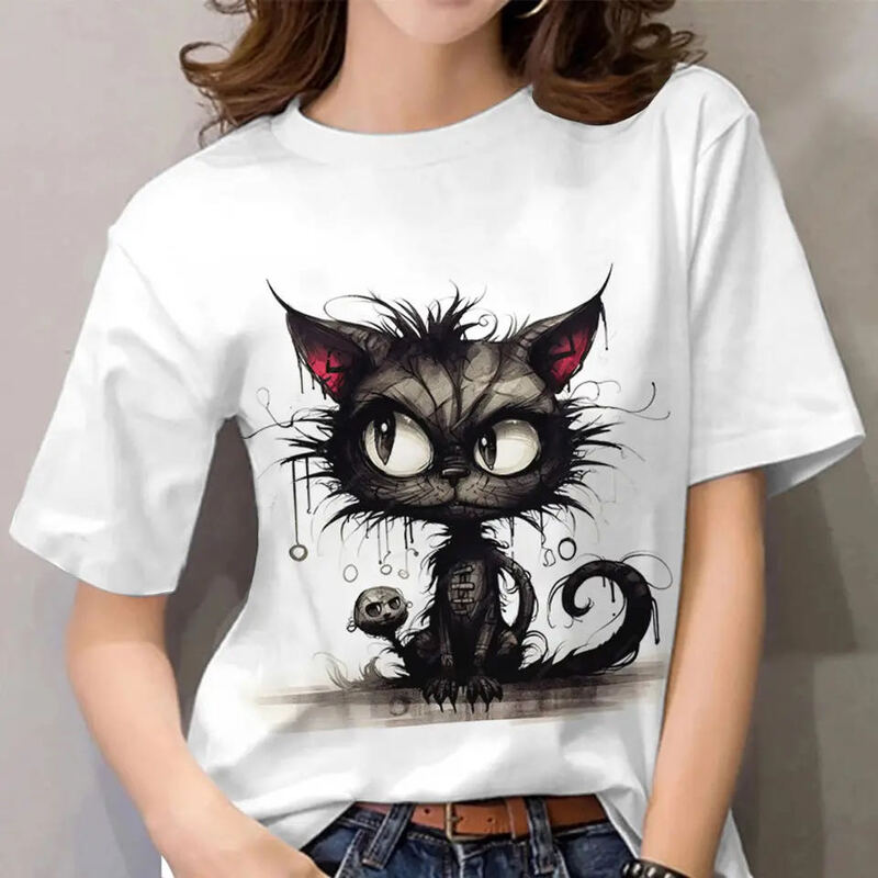 Camiseta feminina casual de manga curta, estampa 3D para gatos, streetwear, pulôver gola redonda, roupa feminina extragrande, moda verão