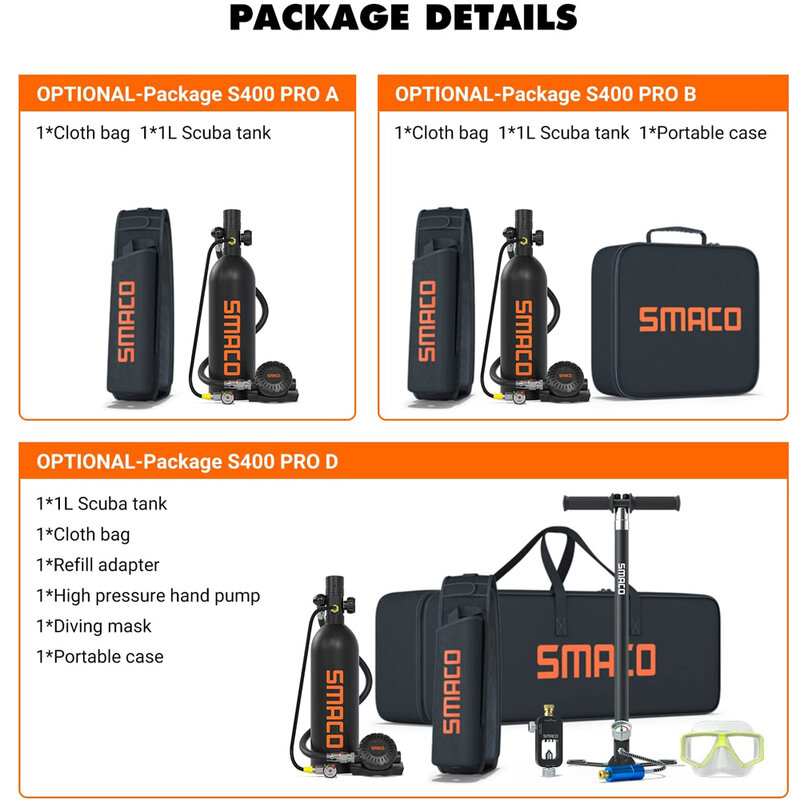 SMACO-Minitanque de buceo S400Pro, juego de equipo de respirador, minicilindro de oxígeno, bomba de mano, 1l