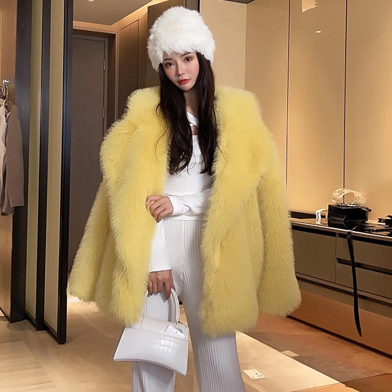 Manteau d'hiver en fausse fourrure de renard pour femmes, mi-long, tempérament, grand revers, ample, pour jeunes célébrités d'internet