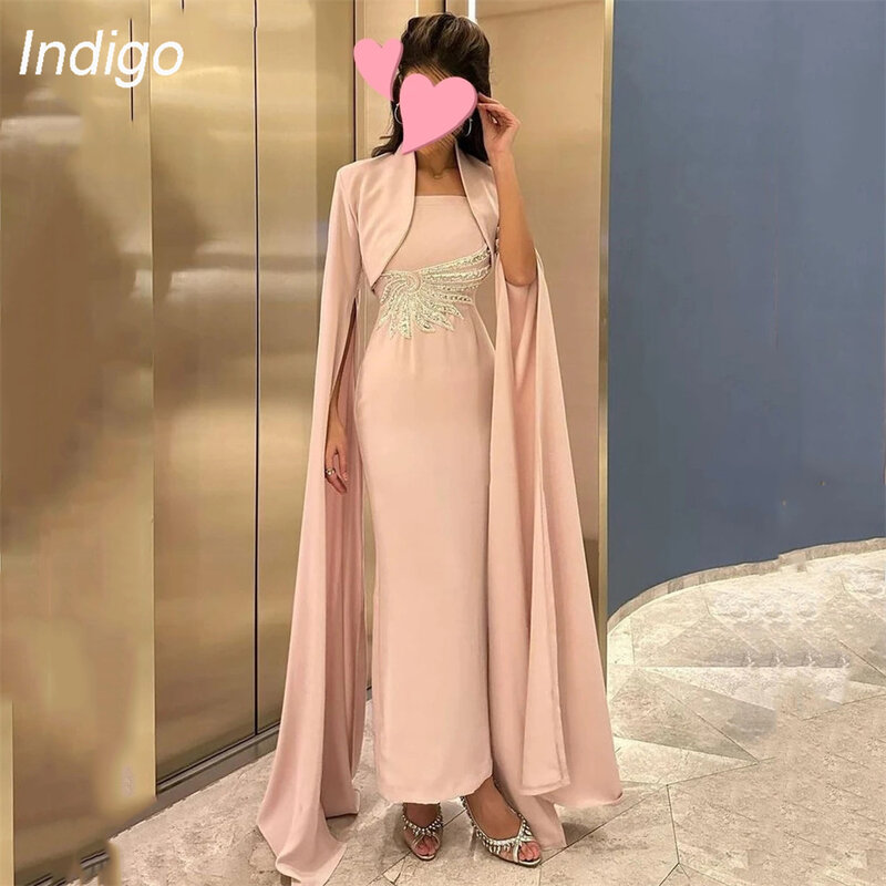 Платье для выпускного вечера цвета индиго, атласное платье без бретелек с бисером, накидка длиной до щиколотки, атласное платье 2024, элегантные вечерние платья для женщин