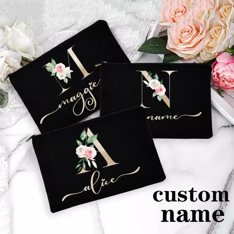 Custom Name Travel Party Wedding Gifts Personalized Name Gold Alphabet Flowers Canvas Cosmetic Cases Handbag Women Makeup Bag