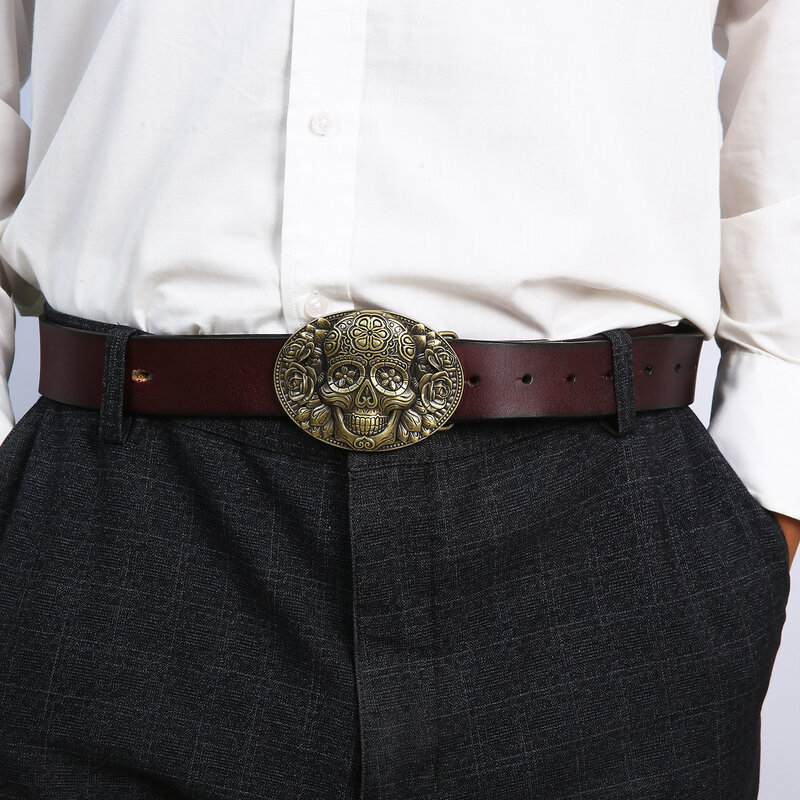 Hebilla de cinturón de aleación de Zinc de vaquero occidental para hombres, flor, fantasma, Calavera, cabeza grabada, nuevo