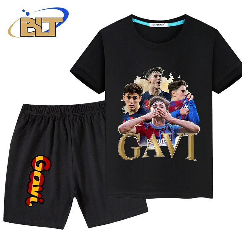 Gavi-Ensemble de sport 2 pièces pour enfants, T-shirt et pantalon, à manches courtes, noir, imprimé Goals, été