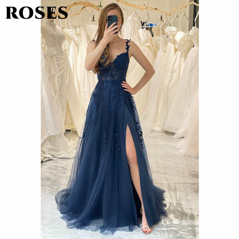 Gaun malam biru tua mawar gaun pesta Split samping bertali applique bertali bahu Spaghetti angkai Tulle penerangan modis