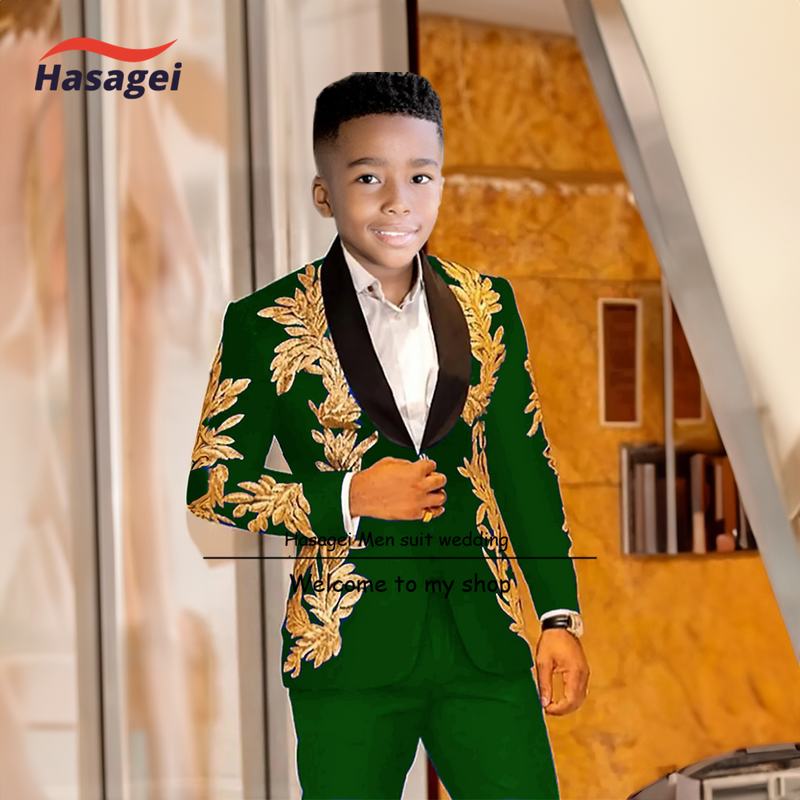 Gold Appliques Boys Suit Tuxedos 2 Pieces Sequins Custom Made Handsome Wedding Suits For Kids Fit Slim Formal