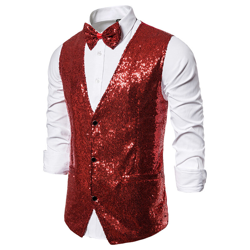 Жилет мужской с V-образным вырезом, роскошный приталенный блестящий пиджак, однотонный жилет с бантом, формальная куртка без рукавов для свадьбы, вечеринки