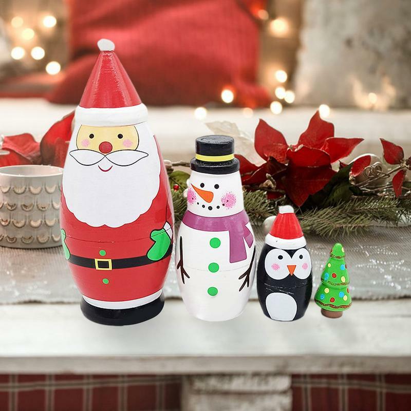 Bonecas russas empilhando de madeira para crianças, Brinquedos artesanais para crianças, Natal