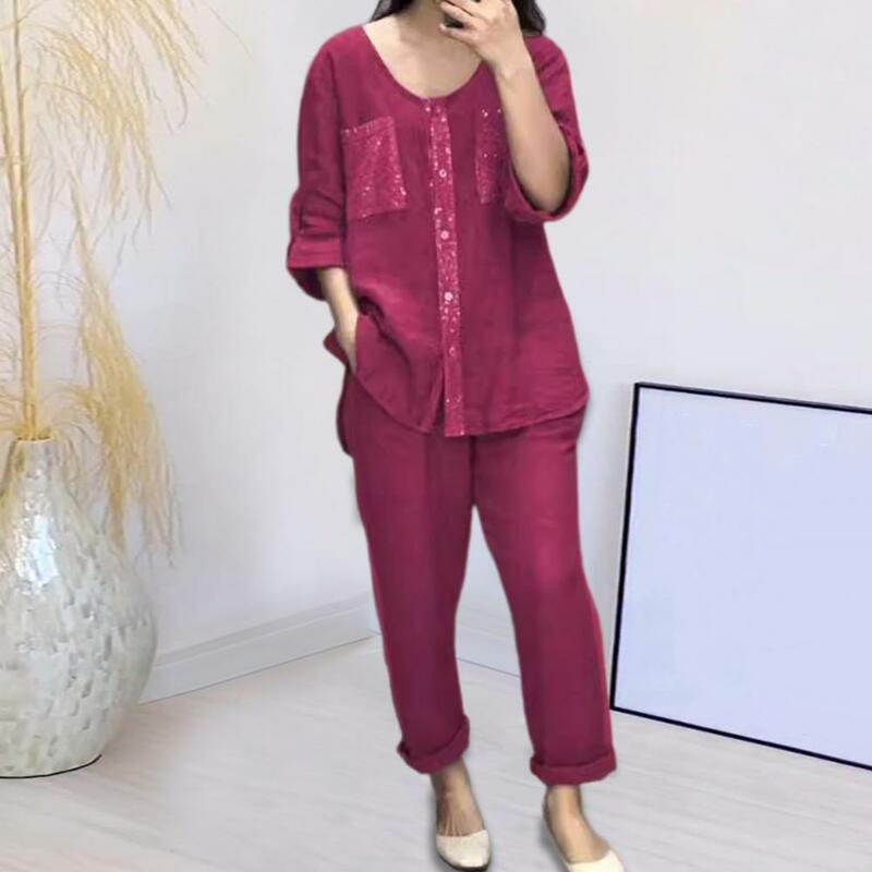 Women Shirt Pants Set Women's Shiny Sequin Top Wide Leg Trousers Set with Adjustable Waist Two Piece Outfit with Three Quarter