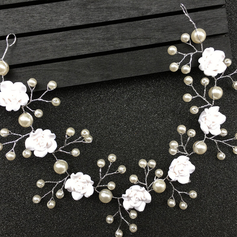 Bridal White Flower Headband Soft Chain Rose Hair Accessories with Pearls for Woman Hair Styling Tools