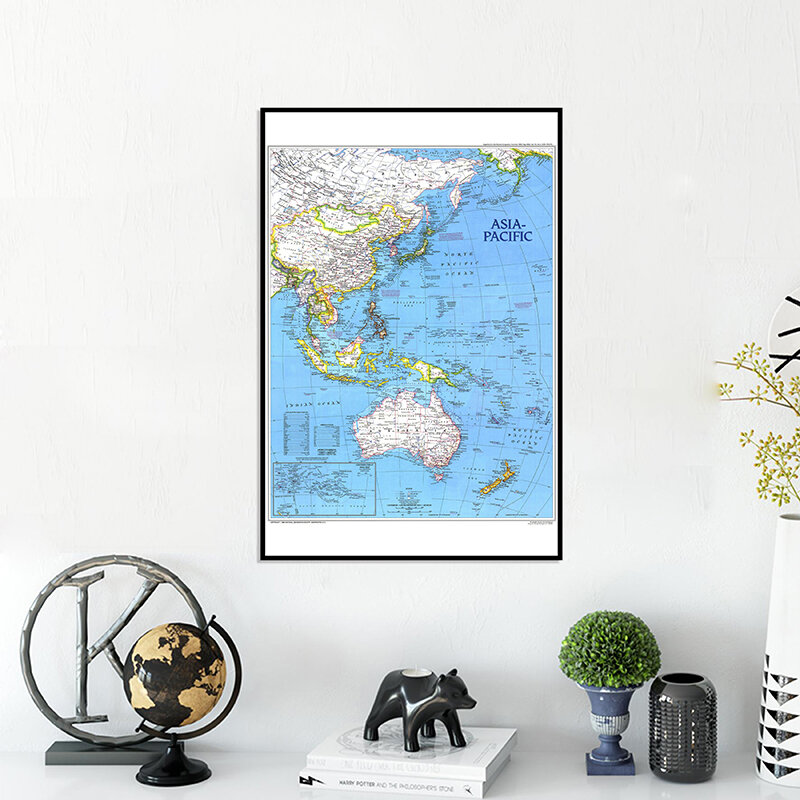 Lienzo fino de 24x36 pulgadas para colgar en la pared, pintura impresa de mapa de Asia y el Pacífico para decoración de la oficina en casa