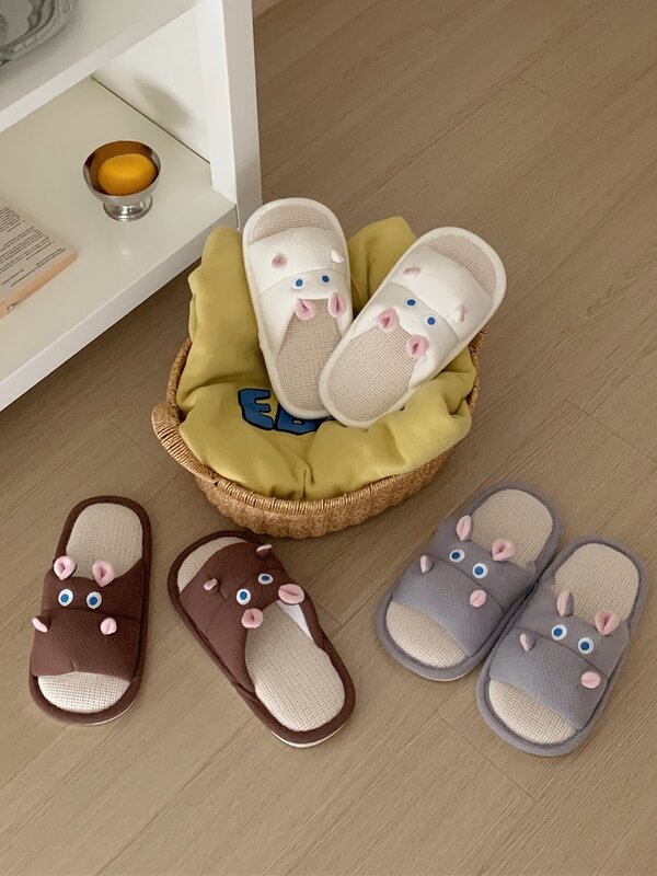 Pantofole da donna simpatiche pantofole di lino ippopotamo per uomo e donna In primavera ed estate. Coppia antiscivolo In camera da letto. Cartone animato