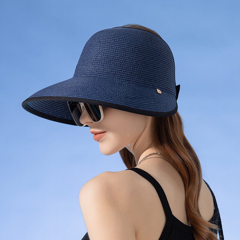Letni słomkowy pusty kapelusz przeciwsłoneczny damski z szerokim rondem anty-uv na zewnątrz składany zawijane czapka plażowa na wakacje