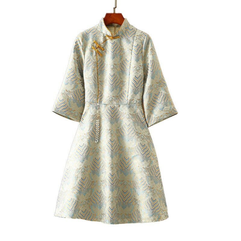 فستان جاكار جاكار من Xiangyun ، ريترو ، كم ، ياقة عالية ، أرجوحة كبيرة ، محسن ، طراز وطني ، جديد