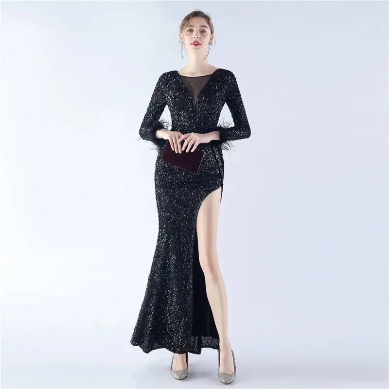 Sladuo Women's Sexy Long Sleeve With Feather Sparkly Maxi Dress High Slit  Formal Gown Cocktail  Maxi Long Mermaid Dresses