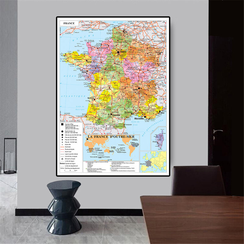 Grande affiche de la carte politique de France en français, peinture sur toile non tissée, décoration de salon, fournitures scolaires, 100x150cm