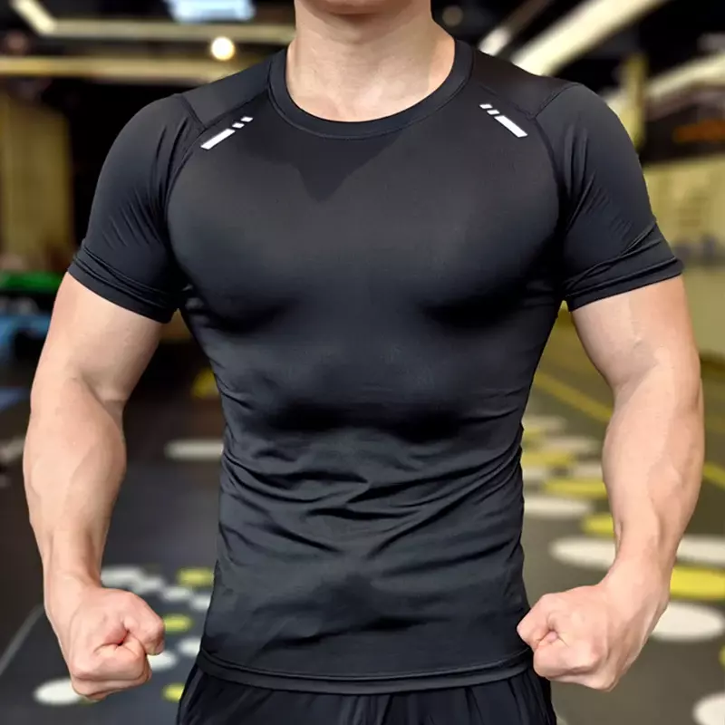 Мужская спортивная футболка для фитнеса, тренировочная одежда для бодибилдинга, футболки с короткими рукавами для спортзала и бега, топ для мышц, Быстросохнущий Рашгард