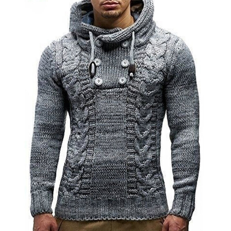 Męska jesienno-zimowa ciepła zagęszczona Slim, dziany bluza z kapturem z długim rękawem pulower z golfem jednokolorowa na co dzień męskiego swetra z kapturem