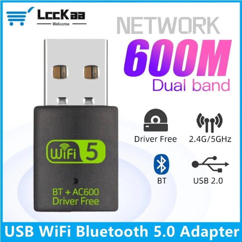 Adaptor Bluetooth 600Mbps USB WiFi, penerima WiFi adaptor Bluetooth nirkabel 2 in 1 Dongle Dual Band 2.4G & 5GHz USB WiFi 5 jaringan