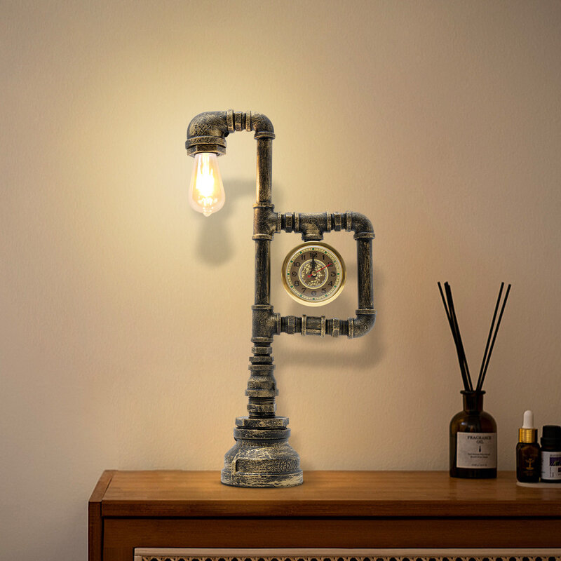 Lampe de bureau LED en laiton antique avec style horloge, lampe de table rétro, lumière unique, conduite d'eau, lampe de bureau vintage, 17.5 "H
