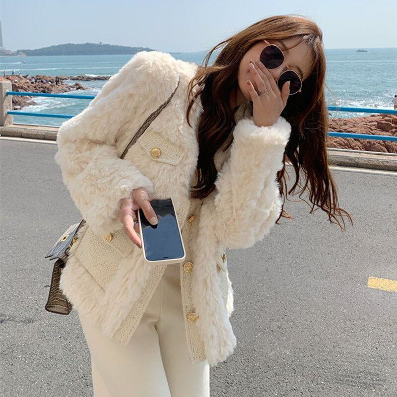 Jaqueta de caxemira de couro falso feminina, roupa de rua estilo coreano, jaqueta de pele grossa quente, casaco bonito, outono, inverno