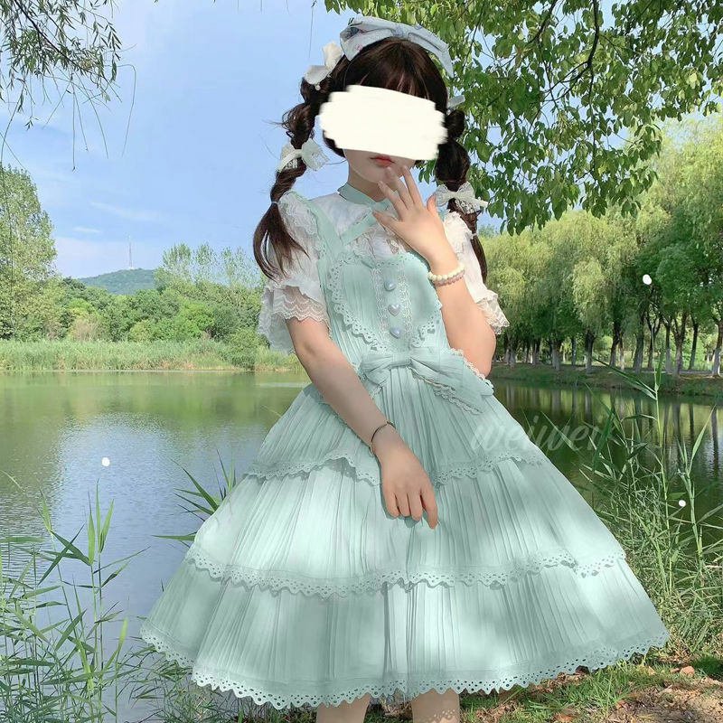Japońska Lolita JSK koronkowe falbany księżniczka sukienka dla kobiet Kawaii księżniczka sukienka słodka sukienka bez rękawów letnia sukienka Cosplay