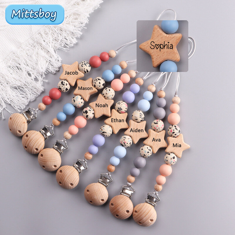 NEW Custom Name Wooden Personalized Baby Pacifier Chain Beech Bead Dummy Nipple Holder Guard Teether Pendant Newborn Mother Gift