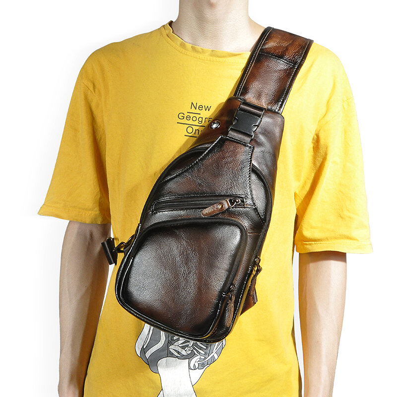 Miękka prawdziwa skóra męska w stylu Vintage trójkąta podróżnego z torba z paskiem do noszenia na piersi 8-calowym tabletem torba jeden pasek na ramię dzienna dla mężczyzn 8015