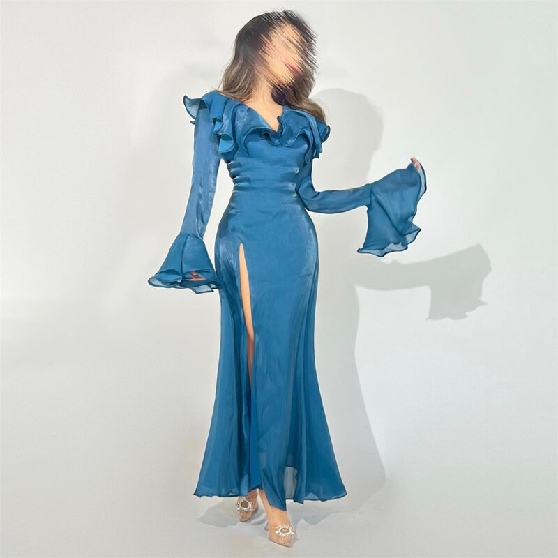 Mobuye 2024 Arab Dubai V Halslijn Prom Dress Split Enkel Lengte Avond Mode Elegante Feestjurk Voor Vrouwen