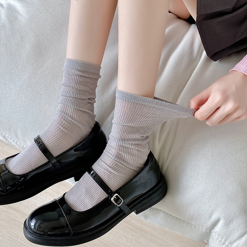 Хлопковые тонкие дышащие летние женские носки, модные однотонные свободные длинные носки в Корейском стиле, школьные черные и белые носки в японском стиле для девочек