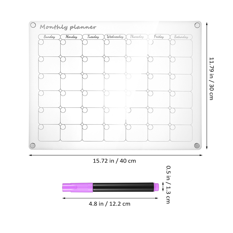 Parede apagável Whiteboard calendário montado, planejador semanal mensal, acrílico Escrita Board