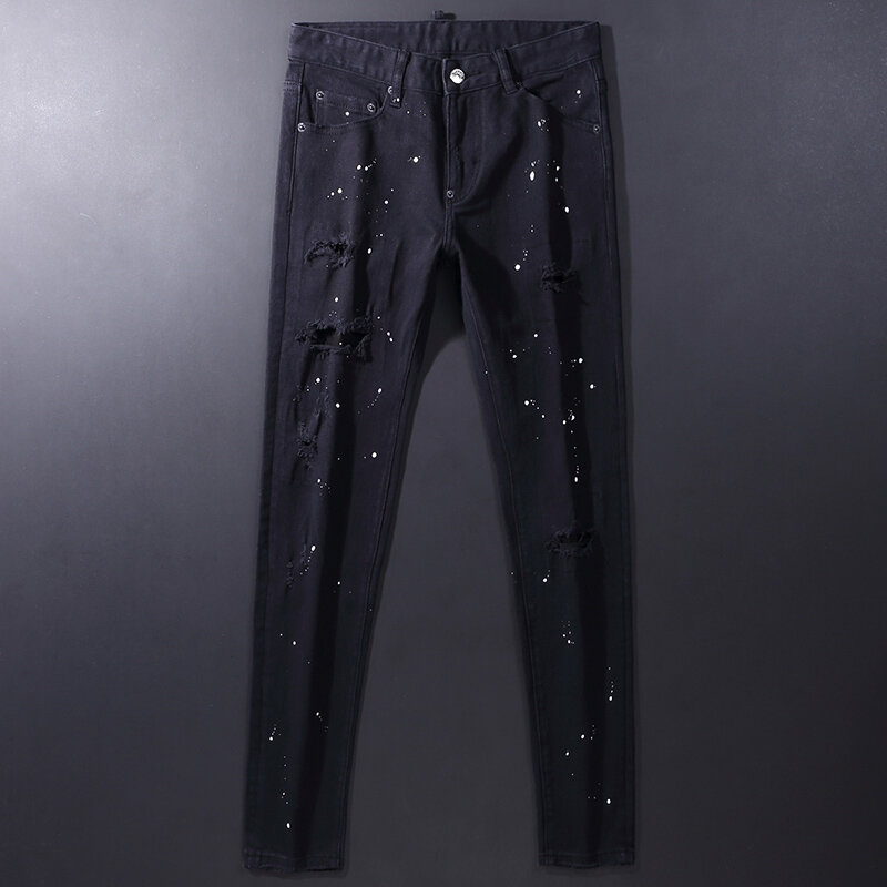 Pantalones vaqueros rasgados elásticos de Color negro para Hombre, Jeans de diseñador pintados, Hip Hop, de marca