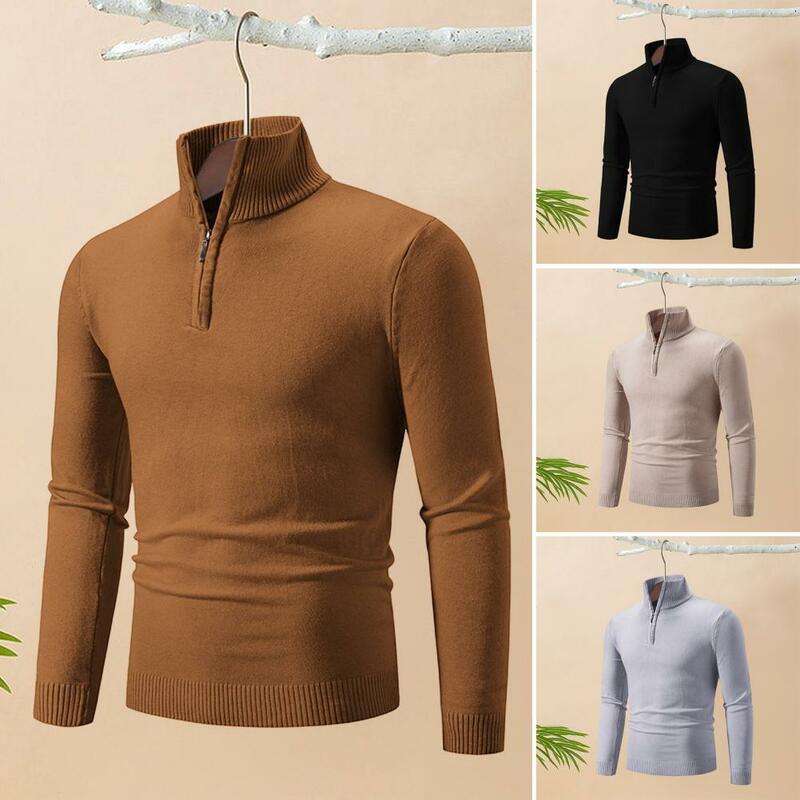 Sweater musim dingin pria, Sweater bergaya ritsleting tinggi kerah Slim Fit hangat elastis pertengahan untuk musim gugur/musim dingin