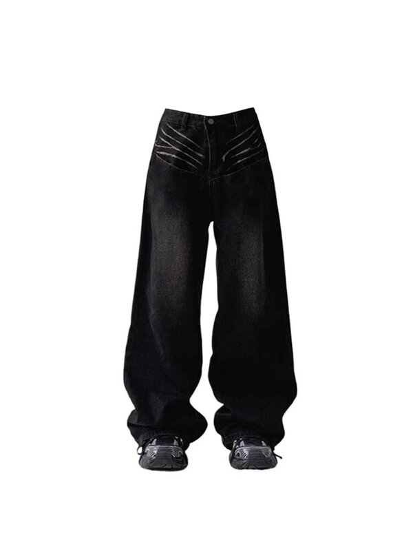 Женские Черные Готические джинсы, мешковатые винтажные ковбойские брюки в стиле оверсайз с высокой талией, джинсовые брюки в стиле Харадзюку, одежда в стиле эмо 90-х, Y2k, 2000