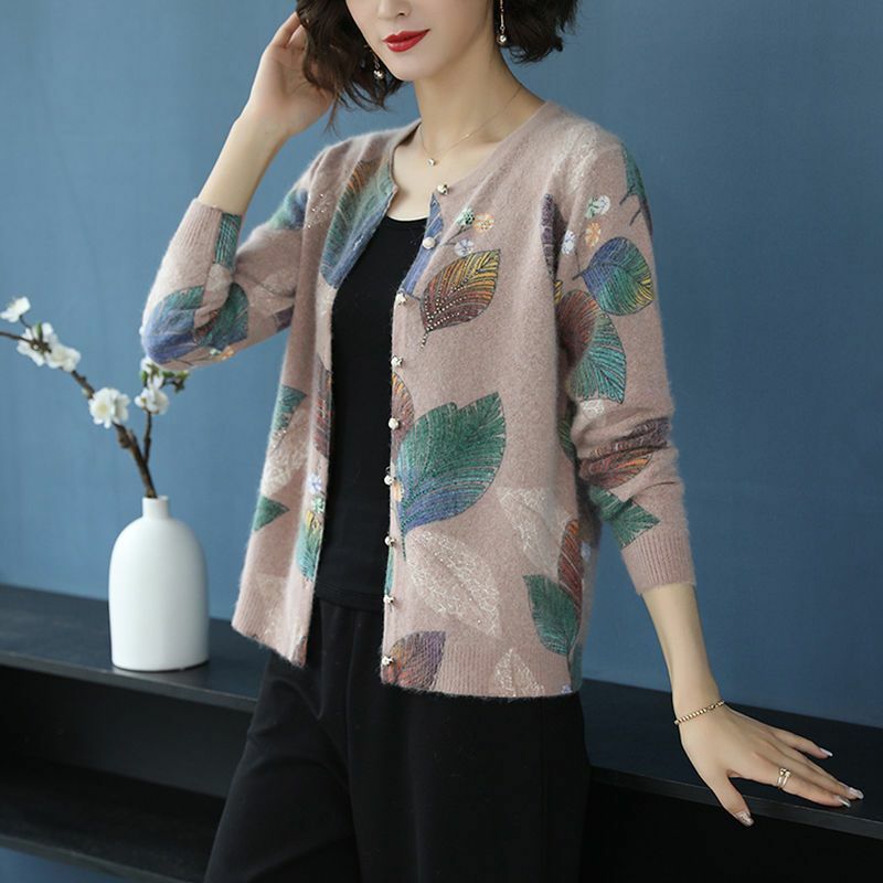 Fashion Knitting Ladies Printing Tops Casual Buttons Autumn Winter Thin Elegant Cardigan Women's Clothing Long Sleeve Sweaters