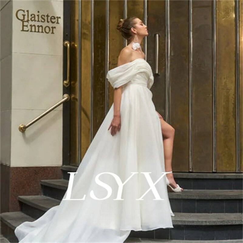 LSYX 오프숄더 주름 오간자 A라인 웨딩 원피스, 비즈 지퍼, 뒷면 바닥 길이, 하이 사이드 슬릿 신부 가운, 맞춤형 Msde