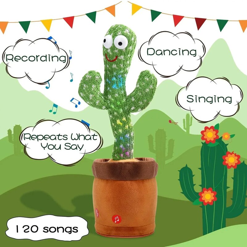Mówiąca zabawka kaktusowa może być ładowana, nagrywana i powtarzalna.Odpowiedni dla hiszpańskiego, angielskiego i arabskiego zmieniacza głosu