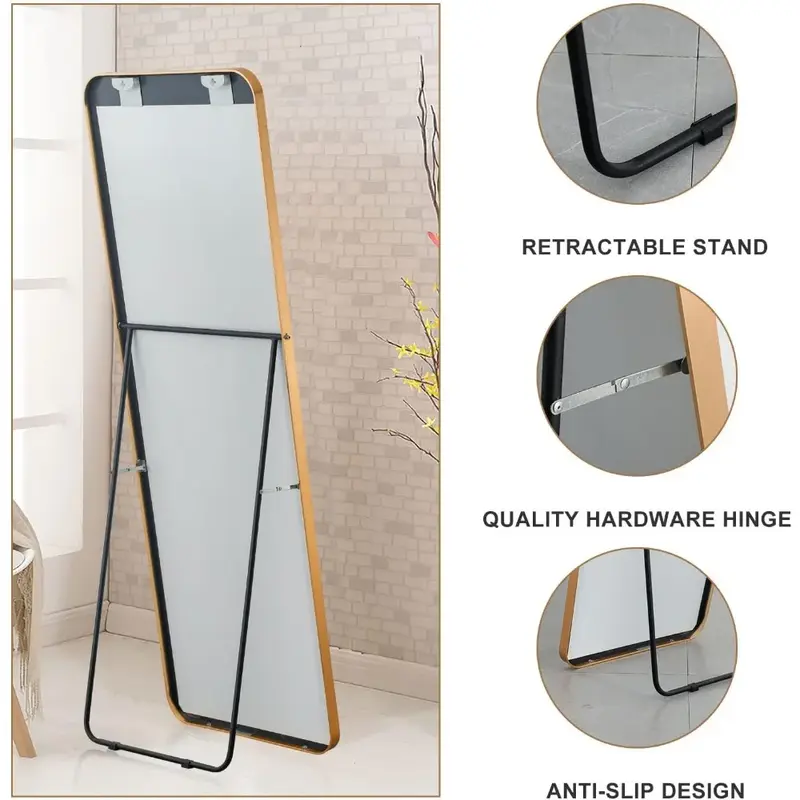 64"x21" large floor-to-ceiling mirror with wall mirror, full vertical hanging aluminum alloy frame, gold rounded corners