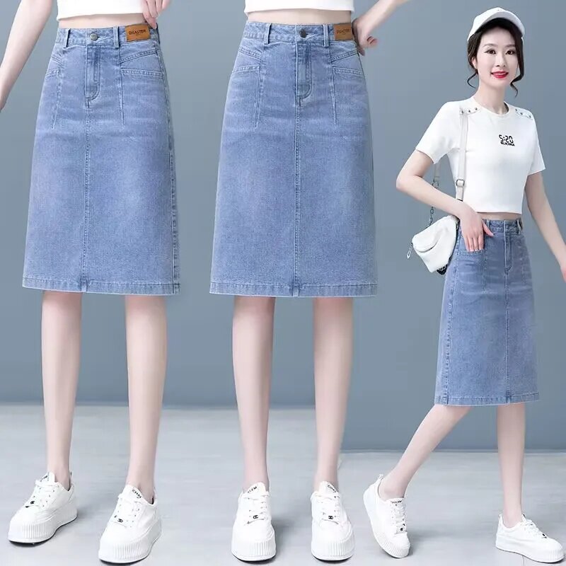 Large Size Denim Skirt Women's High-Waisted Slimming Faldas Para Mujeres Solid A-Line Skirt Mid-Length Bag Slit Ropa De Mujer