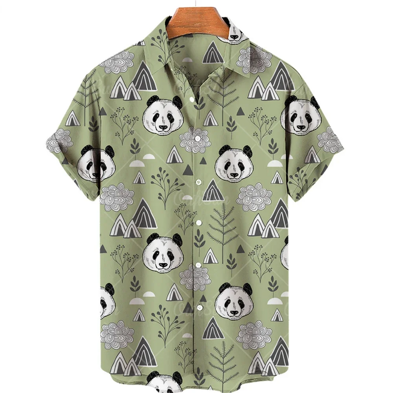Camisa de lapela masculina de manga curta panda havaiana, design de botões, roupas macias e confortáveis, moda primavera-verão