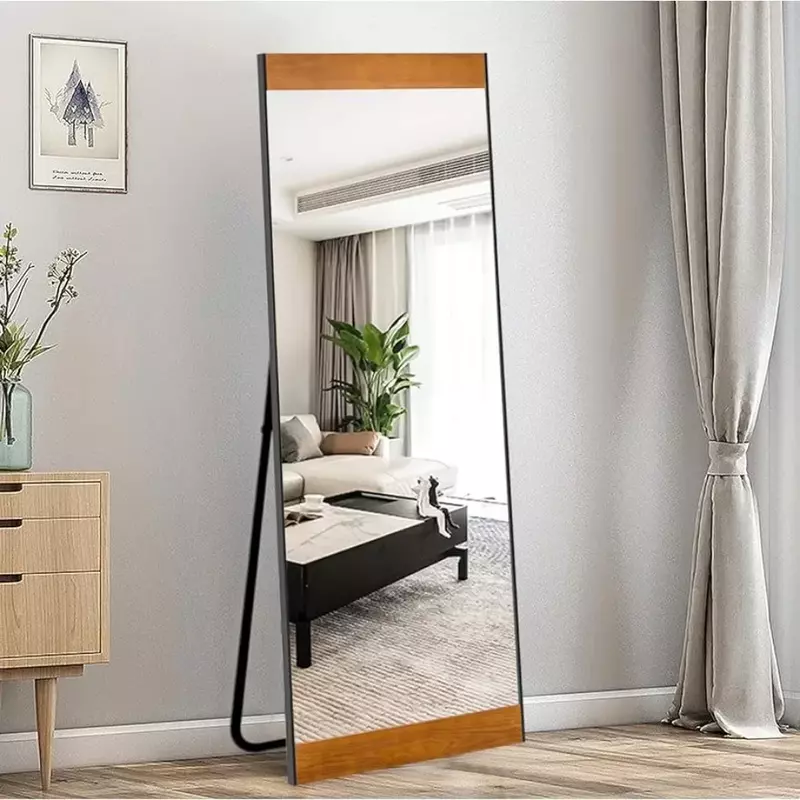 Large Rectangle Bedroom Mirror Floor Mirror Dressing Mirror, Metal Frame Wall-Mounted Mirror with Pine Wood Veneers