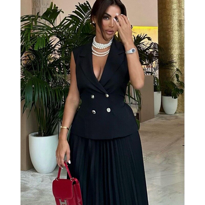 Two Piece Sets Womens Outifits  Office Elegant Simple V Neck Sleeveless Dress Sexy Double Breasted Vest Pleated Skirt Set