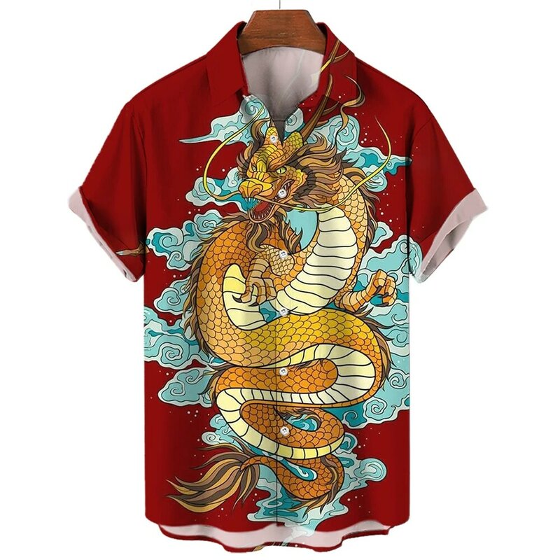Hawaiianメンズ特大カジュアルシャツ、ドラゴンと虎のプリント、高級ストリートウェア服、半袖ラペル、ヴィンテージ、XS-5XL