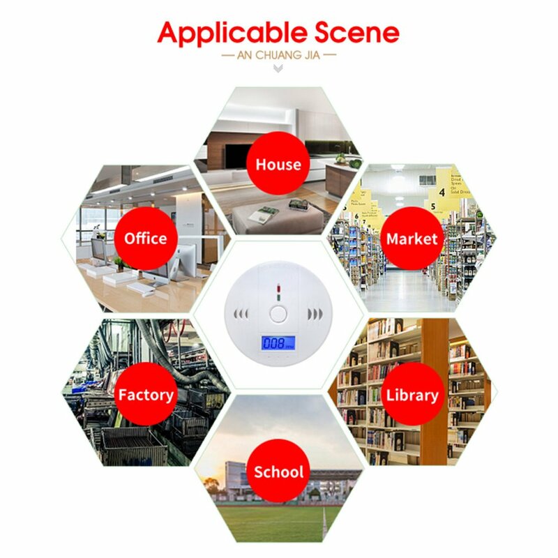 Pendeteksi asap, Sensor karbon sensitif tinggi untuk rumah nirkabel CO monoksida pendeteksi asap peringatan Alarm indikator LCD