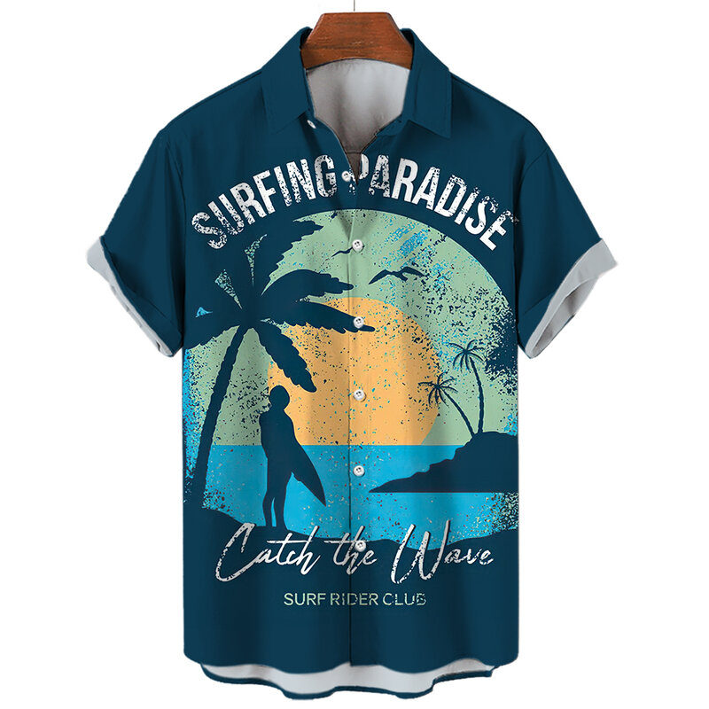 하와이안 남성용 해변 반팔 셔츠, 코코넛 나무 오버사이즈, 3D 프린팅 넥 단추, 하라주쿠 탑, 남성용 패션 의류