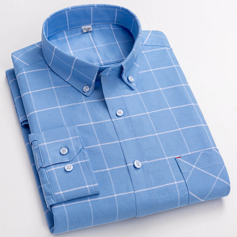 Camisas Oxford de manga comprida masculina, 100% algodão, macio, verificado, com botões para baixo, ajuste regular, xadrez, casual, sólido, plus size, 5XL, 6XL