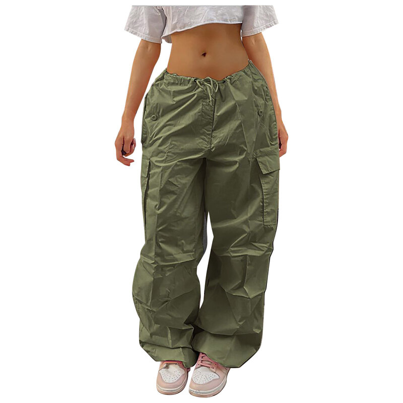 Pantalones de trabajo con bolsillos y cordones para mujer, ropa de calle americana, informal, Color sólido