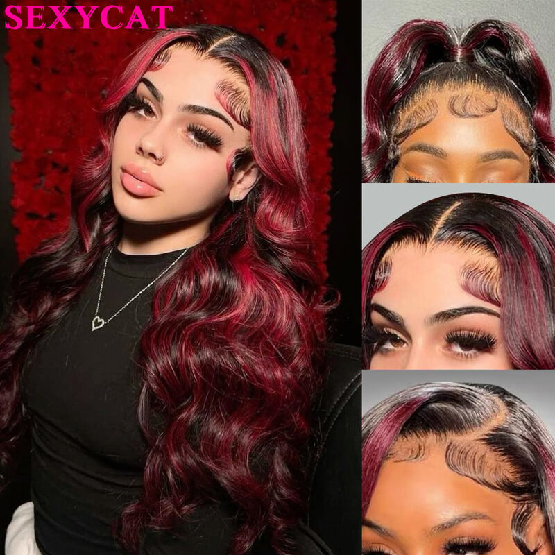 Peruka z ludzkich włosów 1B/99J bezklejowe peruki ludzkie włosy wstępnie oskubane wstępnie wycięte 13x4 HD koronkowa peruka podkreślająca ciemny burgund